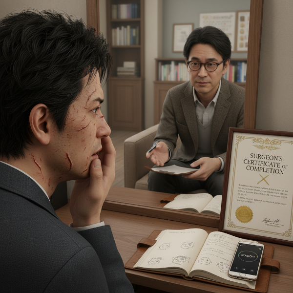 男性が鏡の前で顔の傷を気にし、心理学者の明がノートとスマホを持って認知行動療法を提案する様子