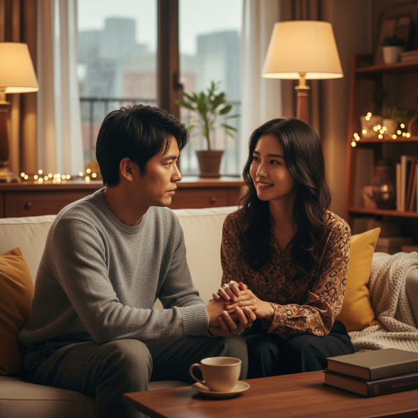 カップルが安心できる環境で優しく会話し、信頼関係を築いている温かい室内の情景。