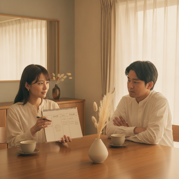 共働き再開について話し合う夫妻のイラスト。夫の古い考えに対して妻が具体的な計画を示し、対話を進める様子。
