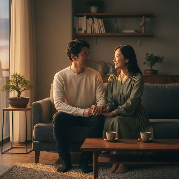 長年のパートナーとの感情的な距離を埋め、温かい絆を取り戻そうとするカップルの、優しく親密な瞬間を描いています。