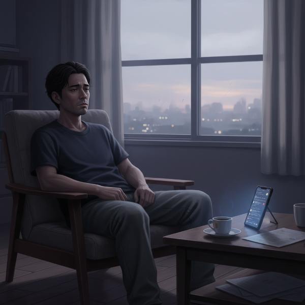 朝、薄暗いリビングで一人窓の外を見つめる疲れた表情の42歳男性。SNSの画面が光るテーブル。やる気の低下と疲労感を表現。