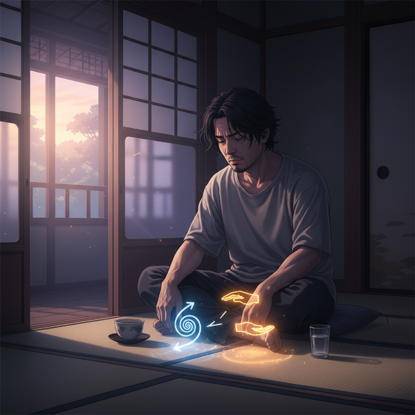 夜明けの部屋で疲れた男性が座り、窓からの光がマインドフルネスとつながりの象徴を照らす、心の葛藤と希望を表した画像です。