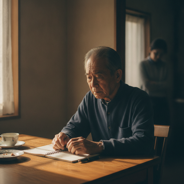 62歳の男性がキッチンのテーブルで心配そうに座り、妻の夢日記と心身症について思い悩む様子を描いたイラストです。