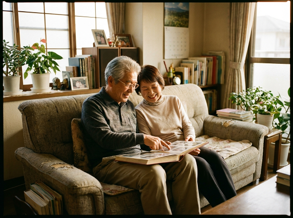 長年連れ添った老夫婦が、家で昔のアルバムを見ながら、静かで温かい時間を共有している様子を描いています。