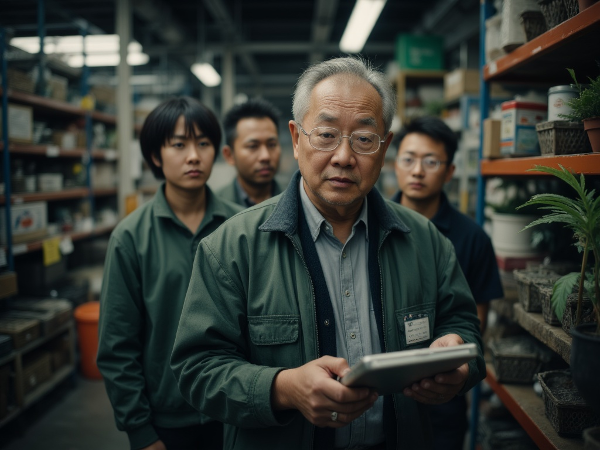 定年後再雇用でデジタル機器の指導に苦労する62歳男性の心理的ストレスと、燃え尽きの危機を描いたイメージ。