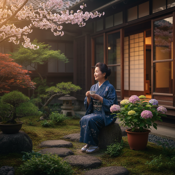 不安を乗り越え、自宅の庭で小さな一歩を踏み出した女性の、穏やかで希望に満ちた情景。