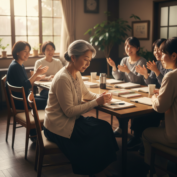 地域のボランティア活動の会議で、周りの活発な議論の中、少し遠慮がちに自分の考えを巡らせる62歳女性の姿。内なる自信のなさと貢献したい気持ちの間で静かに悩む様子を、柔らかな光と共に描いています。