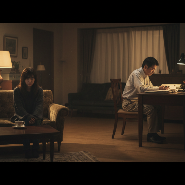 夜のリビングでソファに座る若い女性と疲れた中年男性、距離感のある親密さの喪失を描いたシーン
