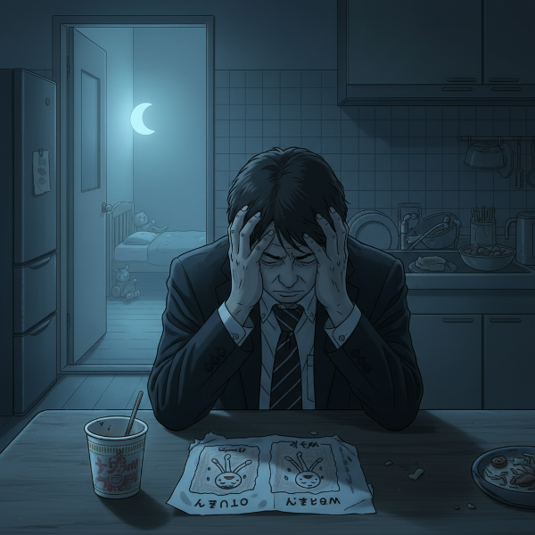 深夜のキッチンで疲れ切ったビジネスマンがうつむき、家族との関係に悩む様子を描いたイメージです。