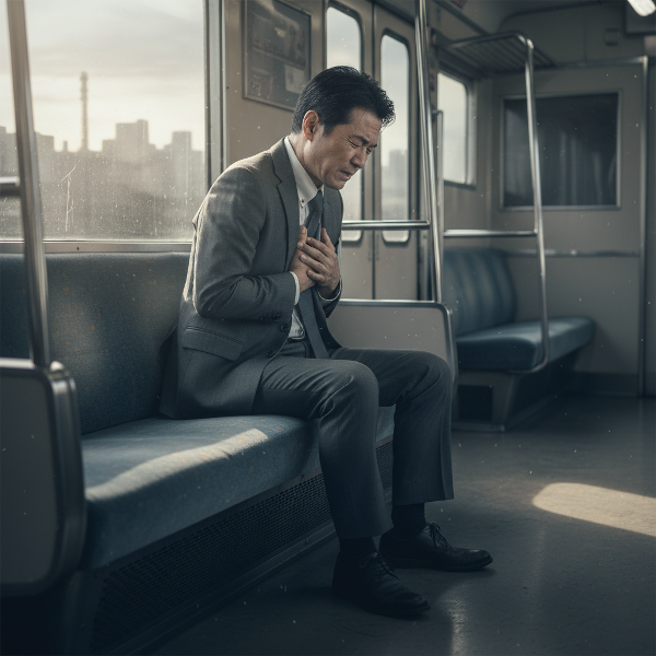 通勤電車の中で突然の胸の苦しさと動悸を感じ、疲れ切った表情を浮かべる55歳のビジネスマン。重苦しいストレスと不安が漂う情景。