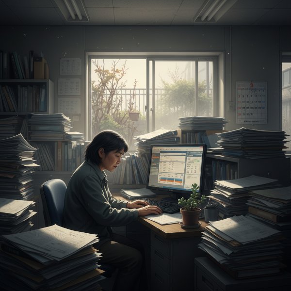 仕事と介護の重圧で疲れ切った55歳女性が、デジタルシステムと書類に囲まれた事務室で、窓の外の荒れた庭を見つめている様子。机の上の小さな観葉植物が希望を象徴しています。