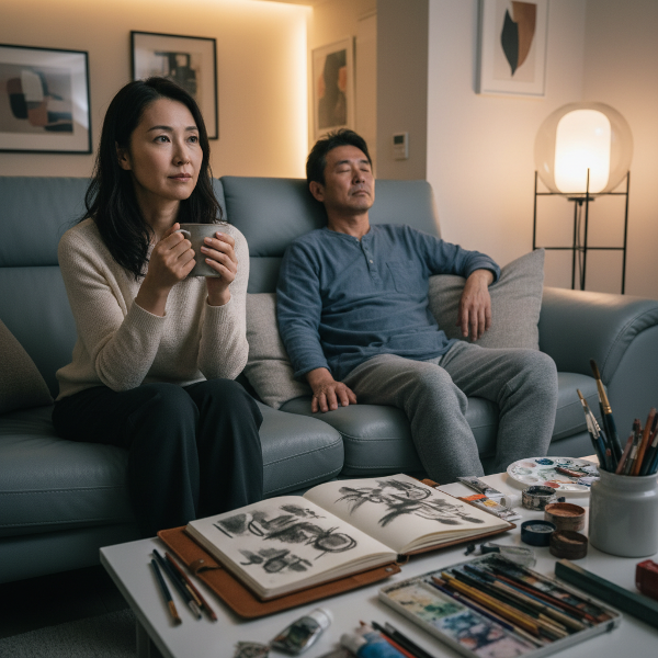 燃え尽き症候群で疲れたパートナーと、少し距離を置きながらも同じ空間に寄り添う女性。リビングには彼女のスケッチブックが置かれ、複雑な感情と支え合いの雰囲気が描かれています。