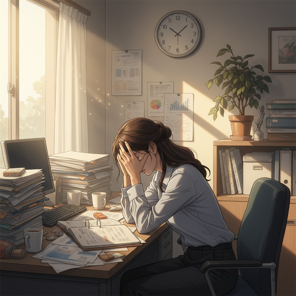 疲れ切った女性がオフィスの机でうつむき、書類に囲まれ、窓からの朝日が差し込む中、頭痛と疲労を感じている様子。