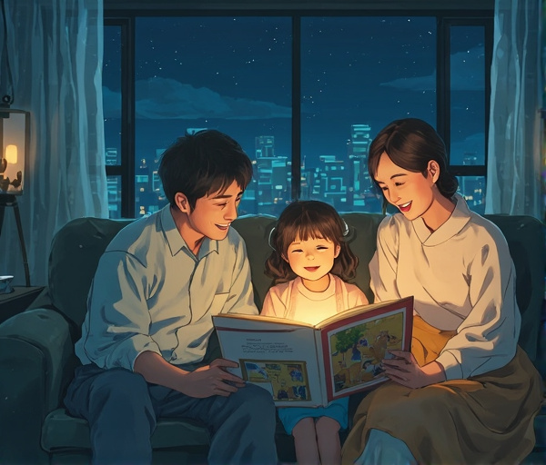 仕事と家庭のバランスに悩む父親が、娘との時間を作り、妻の負担を減らしながら家族の絆を取り戻していく様子を描いた温かい画像。