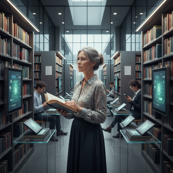 伝統的な図書館の価値とデジタル化の間で葛藤する女性司書の姿を描いた画像。