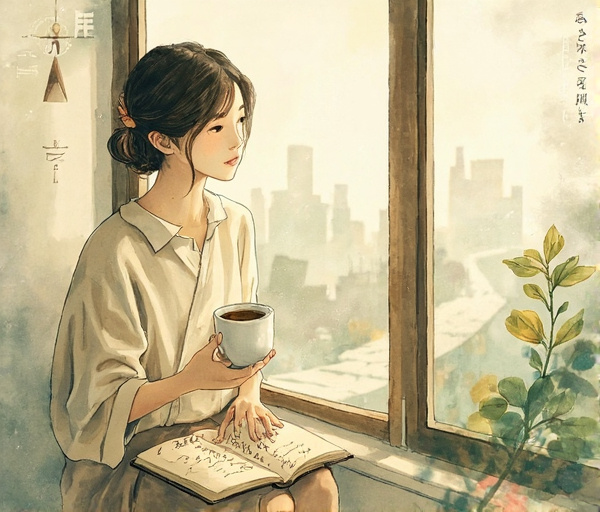 29歳の女性が窓辺でコーヒーを手に、ノートに芽吹く小さな植物を見つめる。背景に道しるべのコンパスと開かれたドアが描かれ、モヤモヤから本当の自分へ向かう第一歩の温かな希望を表現。柔らかい水彩画。