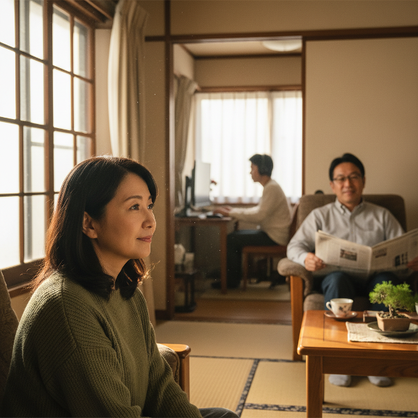 穏やかながらも心配そうな表情の母親が窓辺で考え込み、背景では成人した息子が自分の世界に没頭し、夫は新聞を読んでいます。家族の距離感と静かな葛藤を描いた室内の情景。