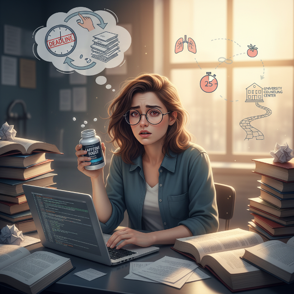 大学院の研究に追われる女性がカフェイン錠剤に依存する悪循環に陥っているが、深呼吸やタイマー法などの代替手段と専門家への相談の道筋が示されているイメージ。