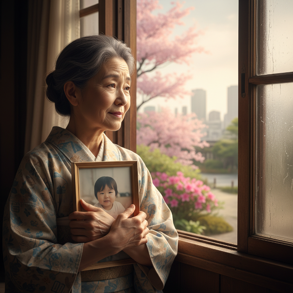 喜びと不安が入り混じる祖母の心情を、孫の写真と窓辺の庭を眺める姿で表現した温かみのあるイラストです。