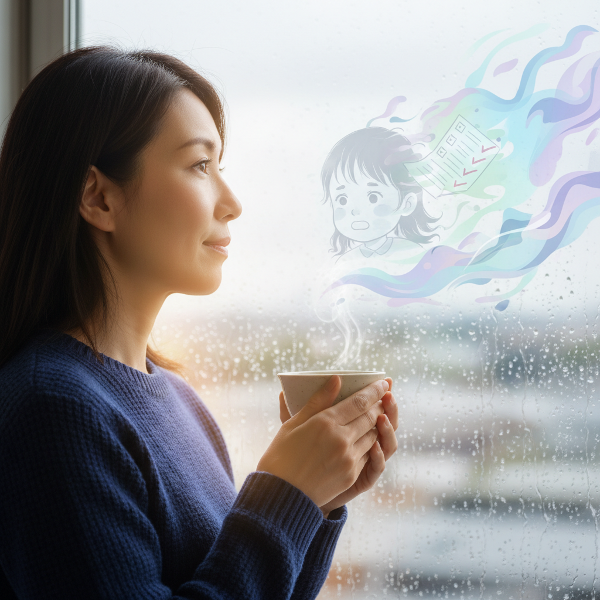40代の女性が、セルフコンパッションと内面の子供（インナーチャイルド）との対話を通じて、完璧主義からの解放と心身の調和を見出すイメージ。