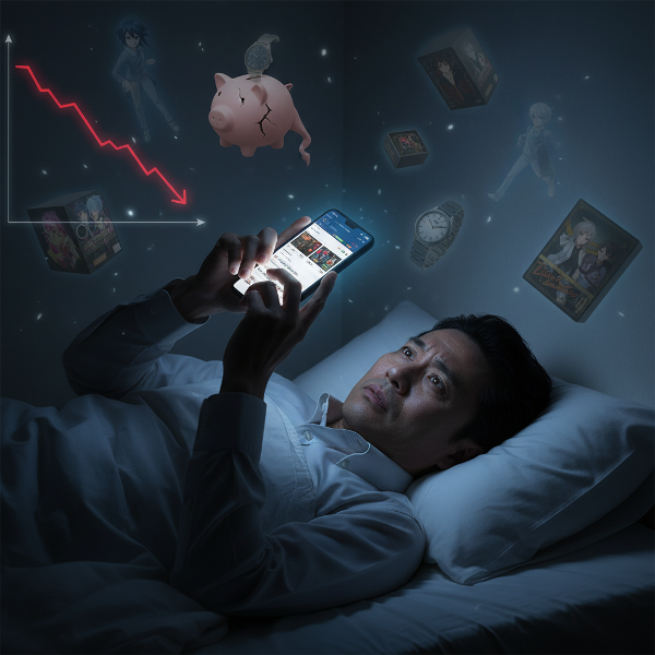 夜中に目が覚め、スマートフォンの明かりに照らされながらオンラインオークションを見つめる疲れた40代男性の姿。周囲には浮遊するフィギュアや、減っていく貯金を象徴する要素が描かれ、ストレスと強迫観念に駆られる悪循環を表現しています。