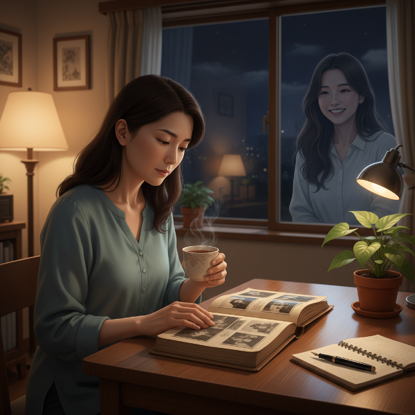 42歳の女性が、学生時代のアルバムを見つめながら、過去の輝いていた自分と現在を静かに見つめ直している夜の情景。