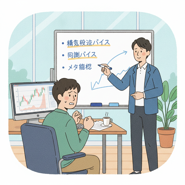 投資心理学のアドバイスをする心理学者と不安なプログラマーのイラスト。