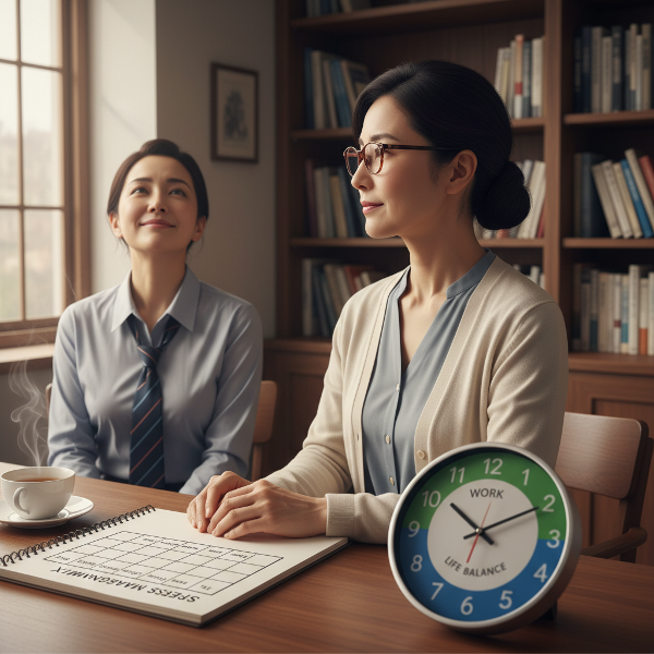 心理学者の明が、仕事のストレスとキャリアの迷いに悩む40代女性クライアントに、境界線の設定と価値観の明確化について優しくアドバイスしている温かいオフィスの情景。