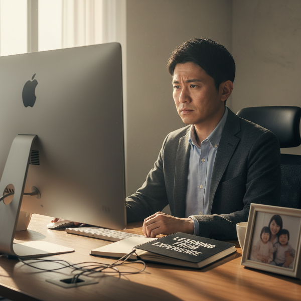 新しいリーダー役への不安と向き合い、過去の経験を学びに変えながら、オフィスで一歩を踏み出そうとするITエンジニアの姿。