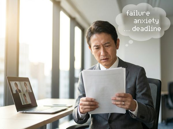 45歳の起業家男性がオフィスで商談書類を見ながら社交不安に悩む様子。緊張した手の震えと未来への不安を視覚化。