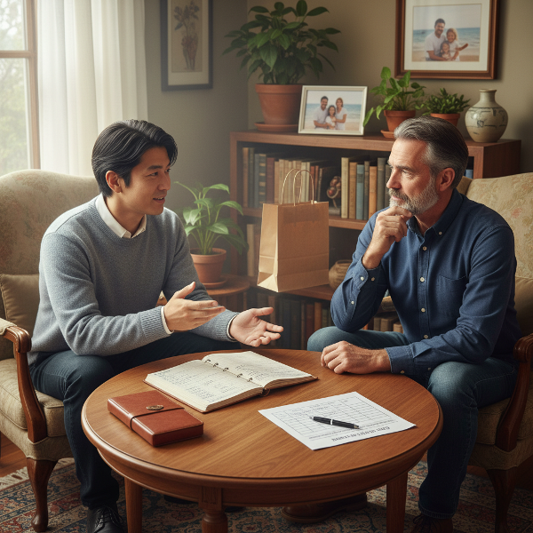 心理学者の明が、買い物依存、経済的不安、うつ病治療、家族関係について、温かい雰囲気の家庭書斎でアドバイスをしている様子を描いた画像です。