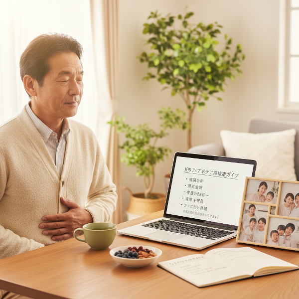 早期退職後の求職活動と家族関係の改善、ストレス管理に取り組む62歳男性の心理的成長を描いた温かく希望に満ちたイメージ。