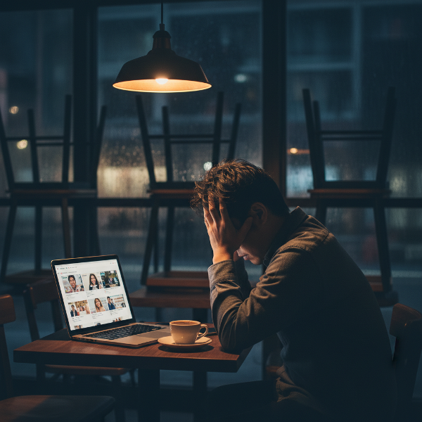 経営に行き詰まり、自信を失ったカフェ店主が、夜の店内で孤独と不安に苛まれている様子。