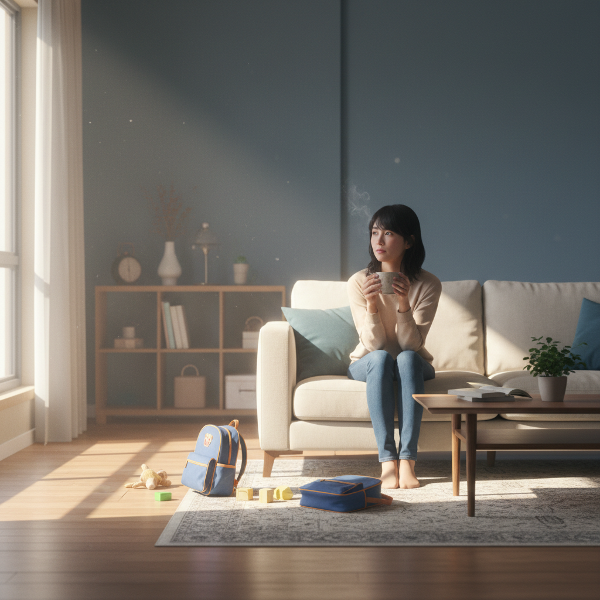日中、家で孤独を感じている母親が、静かなリビングで考え込んでいる様子を描いた画像です。
