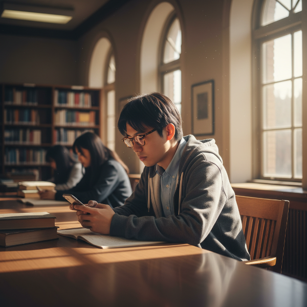 大学の図書館で一人、孤独を感じながらスマートフォンを見つめる真面目そうな若い男性。隣の空いた椅子に差し込む光が、つながりへの静かな願いを象徴しています。