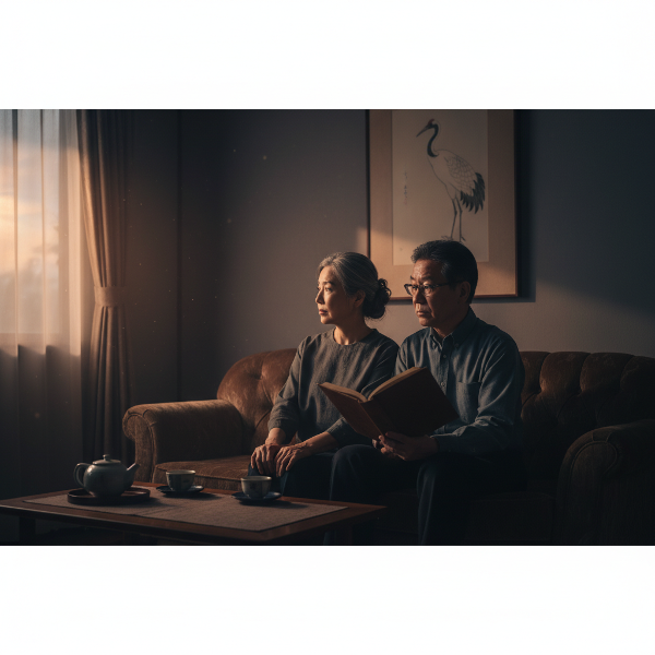 長年連れ添った夫婦が、夕暮れのリビングで静かに過ごす様子。穏やかだが、どこか言葉にできない距離感と寂しさが感じられる情景。