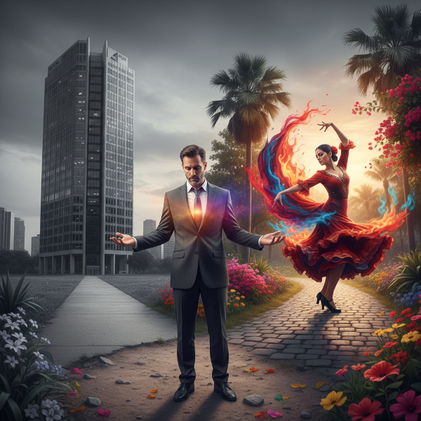 42歳の男性が、無表情なオフィスと情熱的なフラメンコの間で、自分自身の感情との統合を模索する姿を描いています。