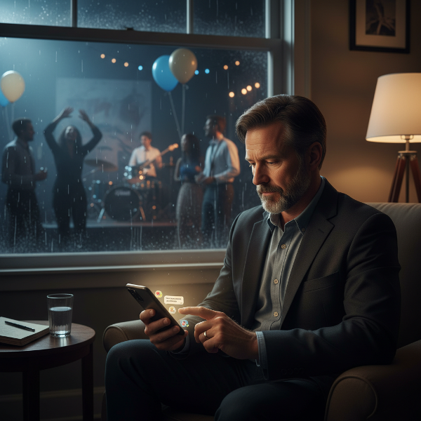 現実の同窓会での孤独感と、画面越しの仮想空間でのつながりの狭間で揺れる、一人の男性の内省的な瞬間を描いたイメージです。