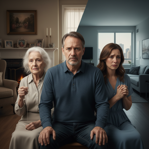 再婚した男性が、認知症の義母と妻の板挟みになり、ストレスを感じている様子を描いたイメージです。