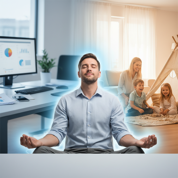 38歳の男性が職場や家庭でのイライラを深呼吸でコントロールし、感情のバランスを保つ様子を描いた画像。