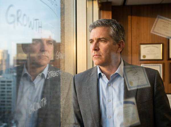 自信に悩む44歳の男性が、窓に映る自分自身を見つめながら、内省と成長の瞬間を迎えている様子を描いた画像です。