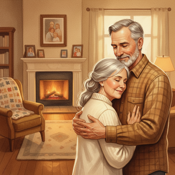 60代のカップルが家庭の温かい空間で、信頼と受容に満ちた親密な瞬間を分かち合う、優しく芸術的なイラスト。