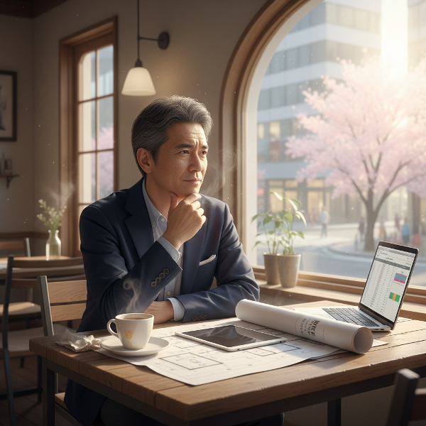 早期退職後にカフェ開業の夢に向き合う53歳男性の、希望と不安が入り混じる心理的瞬間を描いたイメージ。