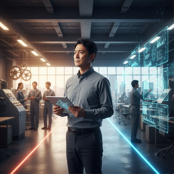 伝統的な現場と革新的なデジタル空間の分岐路に立つ、熟年ビジネスマンの決断の瞬間を描いたイメージです。