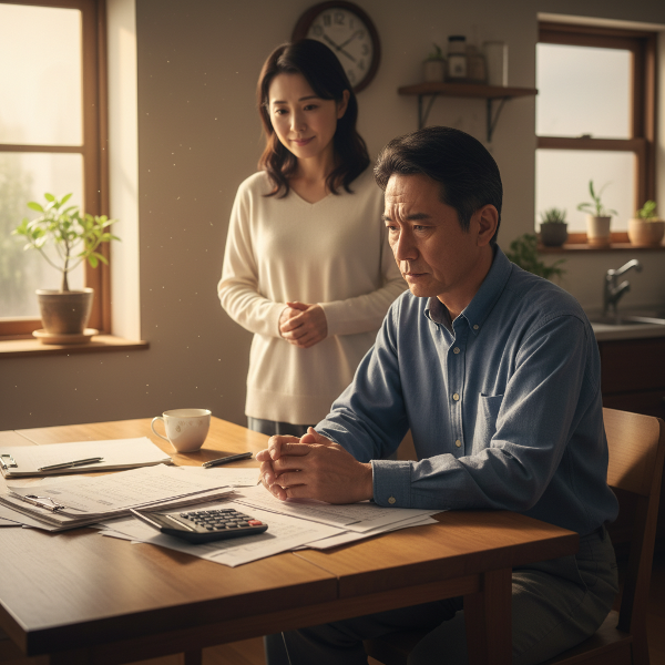 リストラ後の経済的ストレスと夫婦の距離に悩む50代男性と、複雑な思いを抱える妻が、重苦しい現実の中でも絆を取り戻す可能性を感じさせる、静かで感情的な室内シーン。