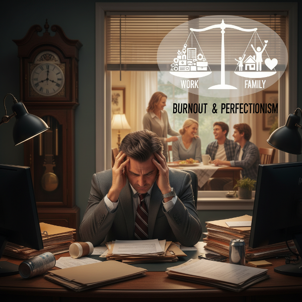 49歳の管理職男性がオフィスで燃え尽き症候群に悩み、ワークライフバランスの葛藤を感じている様子を描いた画像。背景には家族の温かい情景が窓越しに見え、仕事と家庭の両立の難しさを表現しています。
