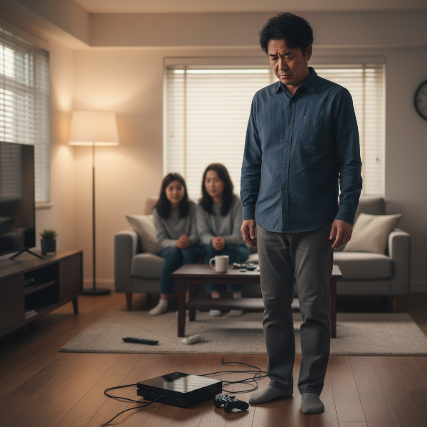 49歳の男性がリビングで家族に怒鳴った後、後悔しながら感情と向き合う様子を描いた画像。ゲーム機が床に置かれており、中年期のストレスや内省の雰囲気を表現しています。