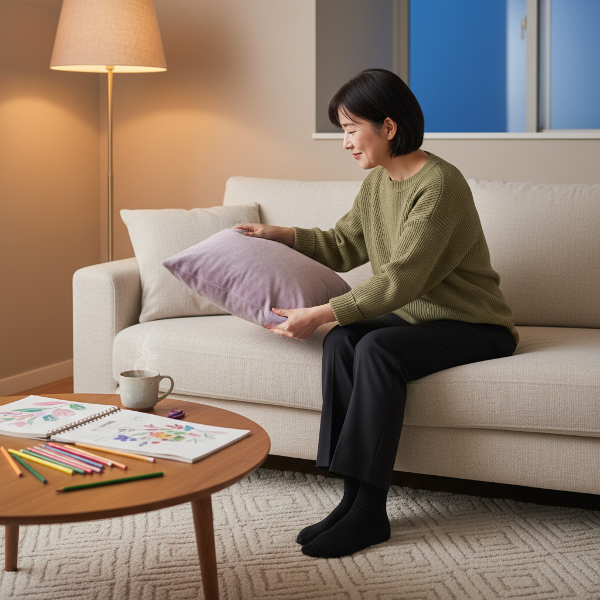 ベージュの部屋で、ラベンダーのクッションを置き、スケッチブックを傍らに置いた女性が、柔らかい暖色の光に包まれている様子。色彩と小さな創造行為を通じて変化を始める瞬間を描いています。