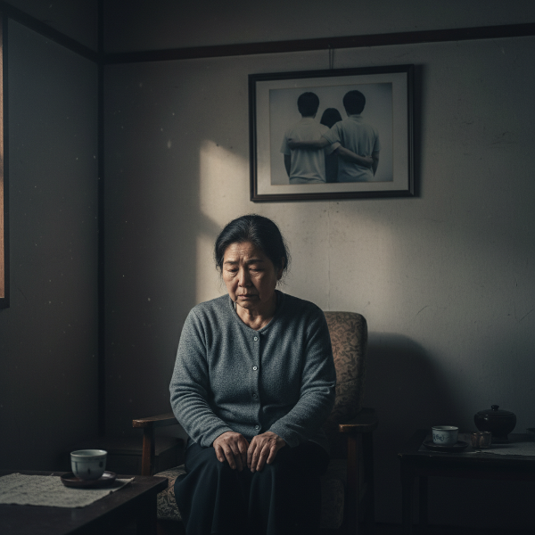 中年女性が自室で孤独に座り、家族写真の前で悩む様子を描いたイラスト