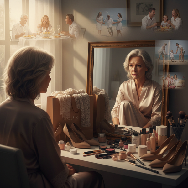 57歳の女性が鏡に映る自分を悲しそうに見つめ、周りには買い物袋や化粧品が散らばっています。背景には家族や友人のぼんやりとした姿があり、外見への不安と自己価値の揺らぎによる孤独感を表現しています。